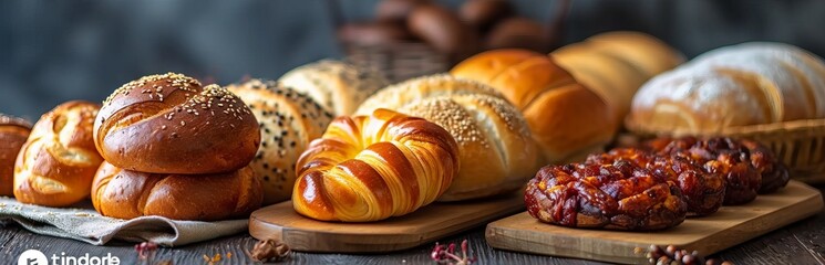 Golden-colored baked goods with a variety of toppings on a wooden stand in the cozy atmosphere of a bakery. Concept: culinary blog topics and bread and snack recipes - obrazy, fototapety, plakaty
