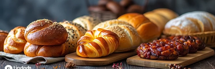 Foto op Aluminium Golden-colored baked goods with a variety of toppings on a wooden stand in the cozy atmosphere of a bakery. Concept: culinary blog topics and bread and snack recipes © Marynkka_muis_ua