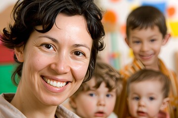 Friendly female teacher smiling while engaging with students in an elementary school classroom