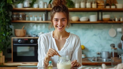 Smiling young woman taking spoon of soda lye from glass jar when making fragrant soap at home    - obrazy, fototapety, plakaty