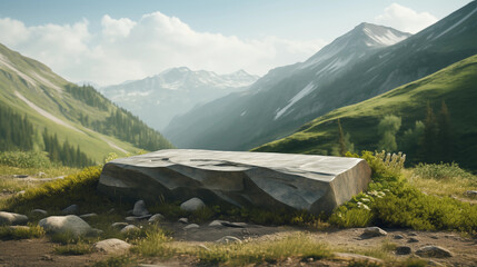 Stone podium on the background of mountain scenery. Product placement. Generative AI