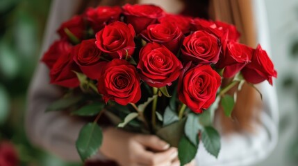 Woman holding luxury bouquet of fresh red roses on light background, closeup   