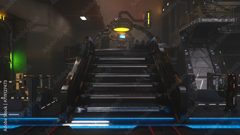 Aufkleber Stairway leading to a control platform with computer monitor in a futuristic sci-fi space station. 3D illustration.