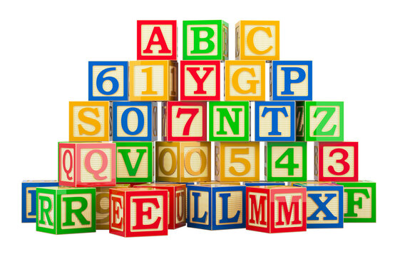 ABC and 123 Wooden Blocks- Alphabet Letters and Numbers Learning Block Set. 3D rendering isolated on transparent background