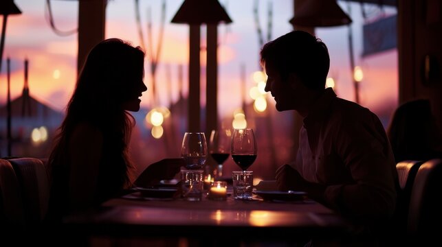 Young Couple At Restaurant Having Dinner. Silhouette    