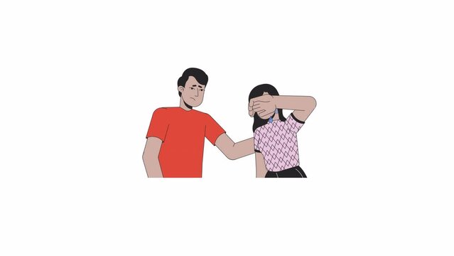 Friend comforting line 2D characters animation. Tender moment, emotional expression flat color cartoon 4K video, alpha channel. Crying woman, soothing man animated people on transparent background