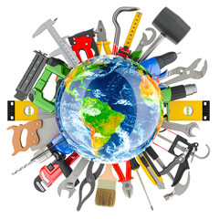 Construction Tools with Earth Globe. Service, repair and construction in the world, concept. 3D rendering isolated on transparent background