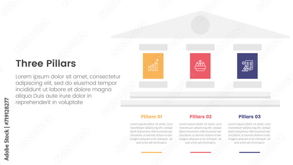 Poster three pillars framework with ancient classic construction infographic 3 point stage template with bi
