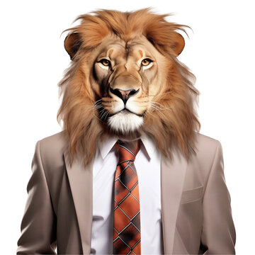 Assertive Lion Boss in Suit on Transparent Background Conceptual Artwork 