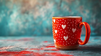 red coffee mug in white hearts on minimalist background with copy space