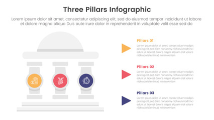 three pillars framework with ancient classic construction infographic 3 point stage template with round building and circle pillar badge for slide presentation