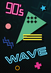 1990s Style Background for Retro Event, Party. 90s Colors, Abstract Shapes, Neon Signs 