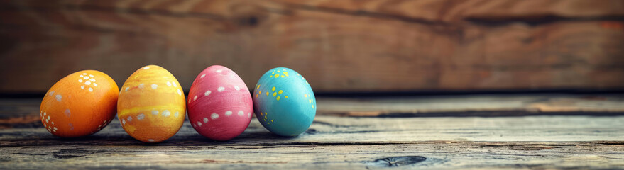 A Row of Painted Eggs on a Wooden Table