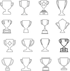 Trophy vector set, cup outline style on white background. Collection of award icons, winner symbols, achievement illustrations. Perfect for web design, mobile apps, presentations