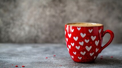 Obraz na płótnie Canvas red coffee mug in white hearts on minimalist background with copy space