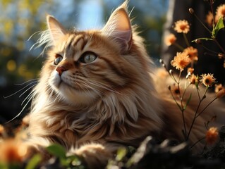 Naklejka na ściany i meble Cute ginger maine coon cat in summer garden.