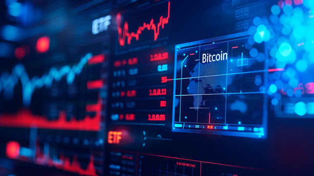 Bitcoin cryptocurrency trading interface concept with the text "Bitcoin" and ETF" after newly launched crypto ETF.	