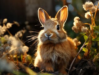 Fototapeta premium Cute little rabbit in the garden at sunset close up