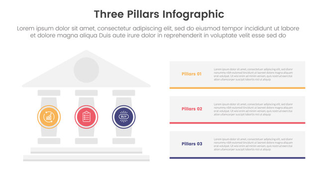 three pillars framework with ancient classic construction infographic 3 point stage template with pillars on left and rectangle box stack for slide presentation