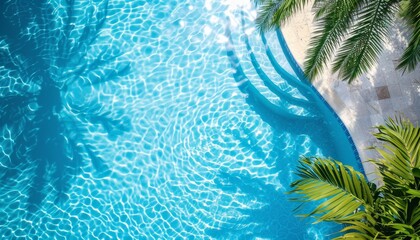 Swimming pool water with ripples and tropical palm tree, luminous, smooth surface. Solar. Sunlight