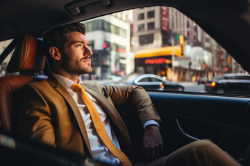 Businessman wearing a suit in the back of a limousine drives down the city streets while looking out the window - obrazy, fototapety, plakaty