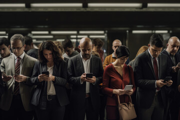 People wait for a train on a subway platform while distracted using their cellphones - obrazy, fototapety, plakaty