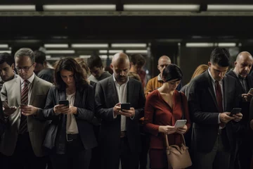 Foto op Plexiglas People wait for a train on a subway platform while distracted using their cellphones © Aevan