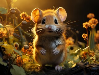 Little mouse in the autumn forest.