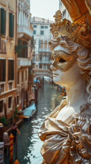 Woman statue with golden carnival mask near the canal in Venice, in the style of photorealistic cityscapes

