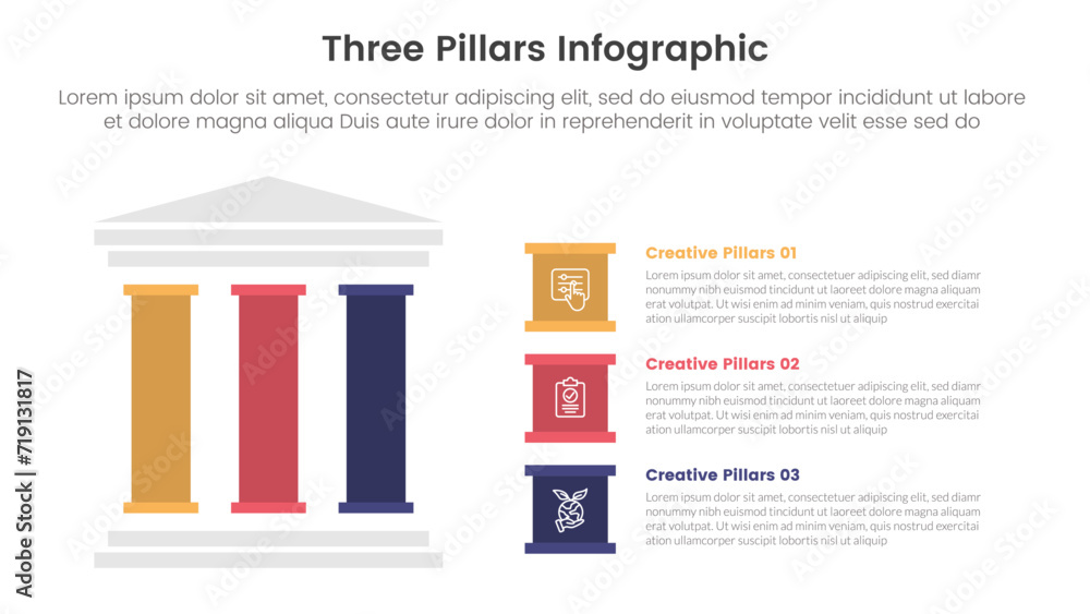 Poster three pillars framework with ancient classic construction infographic 3 point stage template with le