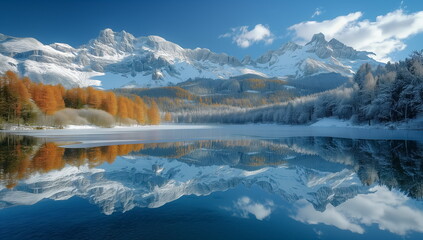 Hyper Realistic painting of Lake and mountains reflection in water, Stunning winter landscape, A serene mountain lake mirroring the snow-capped peaks.  Stunning photo. Generated AI.
