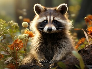 Portrait of a raccoon in the autumn forest.