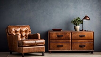 masculine brutal interior in dark colors with brown leather furniture - obrazy, fototapety, plakaty