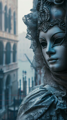 Venetian carnival statue near the canal in Venice, in the style of mystical atmosphere