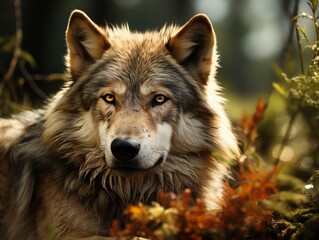 Portrait of a wolf in the autumn forest