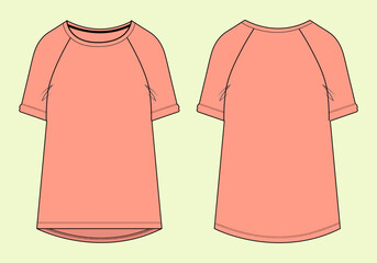 Ladies Activewear Raglan Short Sleeve Curve Hem Running T-Shirt - Gym and Sports Vector Flat Sketch