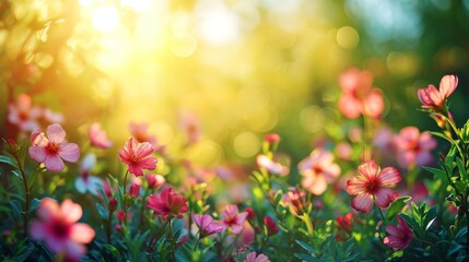 Obraz na płótnie Canvas spring natural nackground with flowers, sun burnst and copy space