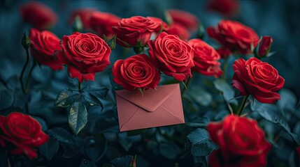 red roses and a red envelope  letter. Congratulations for love
