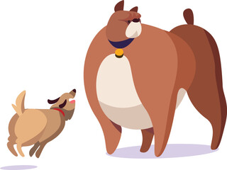 Big brown cartoon dog towering over a small enthusiastic pup playing. Happy energetic little dog with its tongue out excited by a large, calm brown canine.