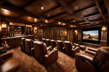 A rustic home theater with a large projection screen, plush leather recliners, and a snack bar with a vintage popcorn machine, transporting movie enthusiasts into a world of cinematic indulgence.