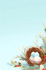 Obraz na płótnie Canvas Birds Nest With Eggs and Flowers on Blue Background