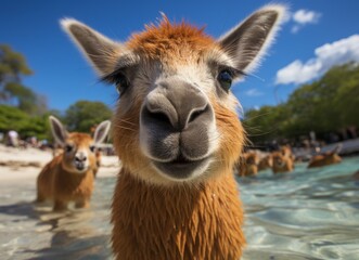 Naklejka premium Portrait of alpaca swimming in tropical sea