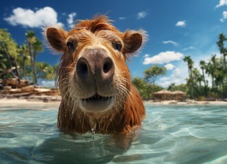 Cute red cow swimming in the sea water with blue sky background