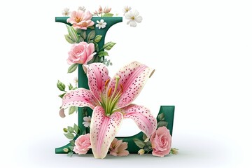 3d lily flower letter  l  in modern style isolated on white background for design and decoration