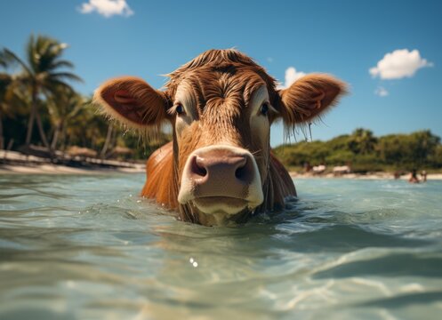 Cute red cow swimming in the sea water with blue sky background