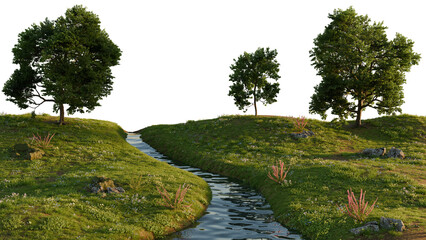 A calm river flowing in the middle of a lush green landscape with trees. 3D rendering.