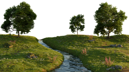 A calm river flowing in the middle of a lush green landscape with trees. 3D rendering.