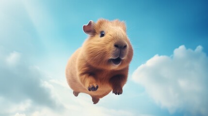 Flying cute capybara character on blue sky background.