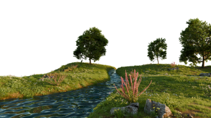 A calm river flowing in the middle of a lush green landscape with trees. 3D rendering.