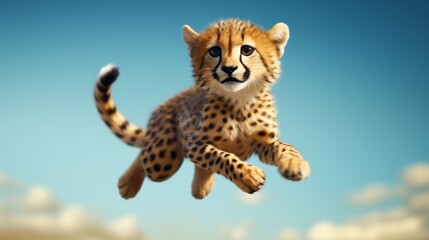 Flying cute cheetah character on blue sky background.